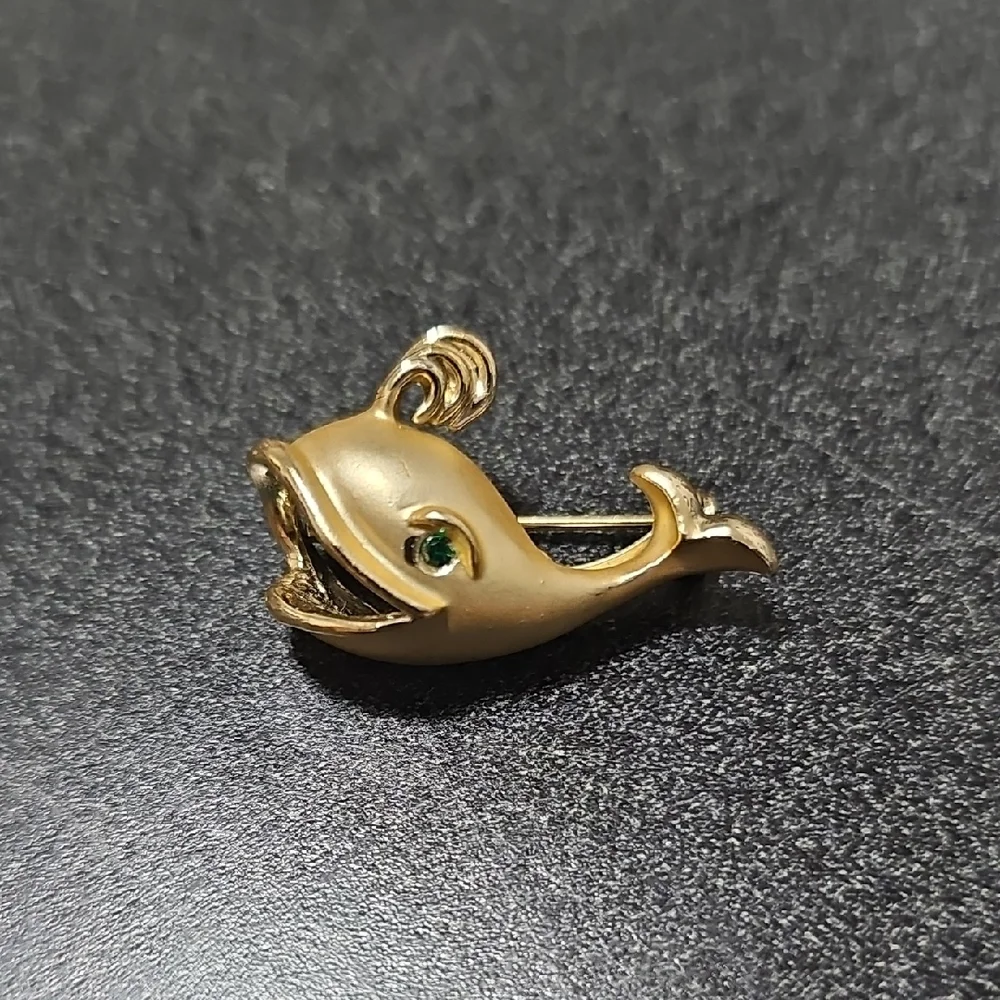 Gold Fish Brooch with Green Accent
